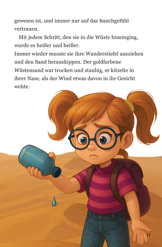 Vorschau Seite aus dem Buch. Emilia steht in der Wüste und ein Tropfen Wasser tropft aus ihrer Wasserflasche.